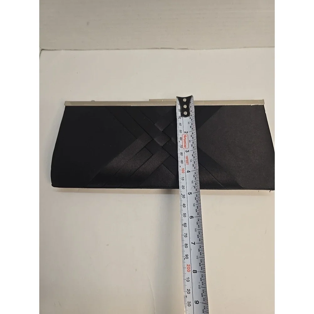 INC International Concepts Black Satin Criss Cross Pleated Evening Clutch Bag‎